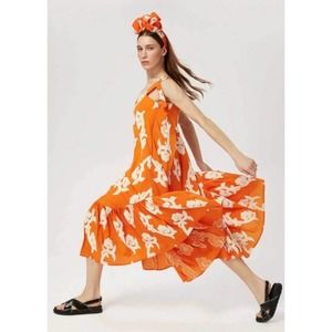 Anthropologie Exquise Phoebe Orange Flounced Embroidered Maxi Dress L